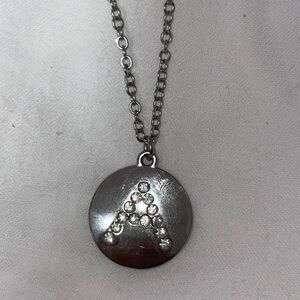 Vintage silver tone disc rhinestone Initial “A” pendant necklace lobster clasp